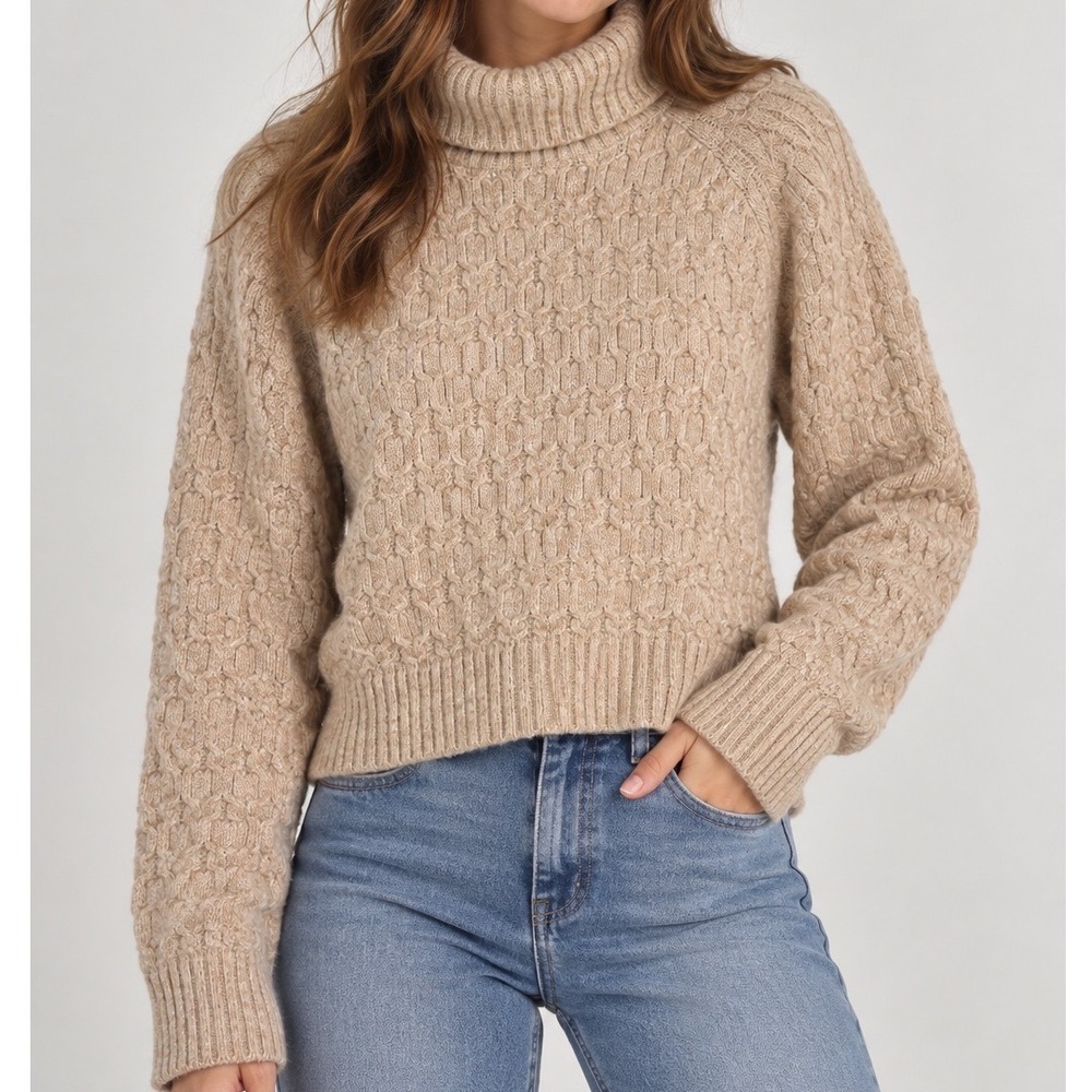 Industry Republic Clothing Cable Knit Turtleneck Sweater XS/TP Beige Wool Blend